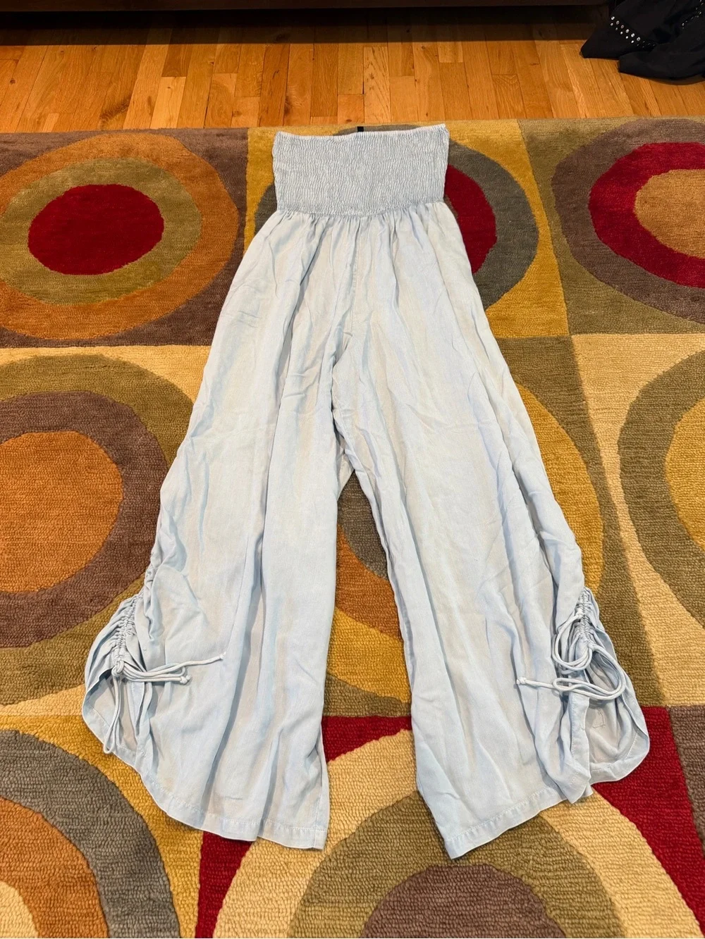 Sim & Sam Light Blue Strapless Smocked Jumpsuit Ruched Tie Pants Size Medium